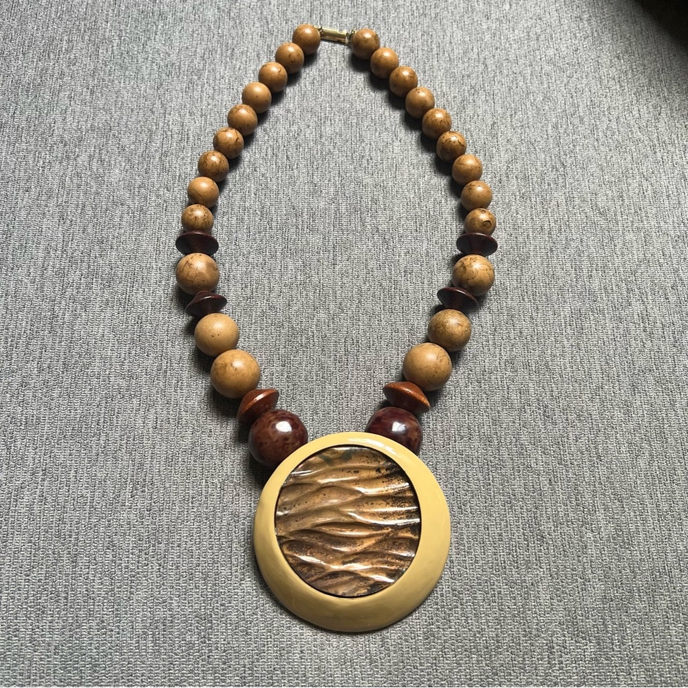 Vintage 70s 80s Wood Bead Mixed Metal Statement Necklace
